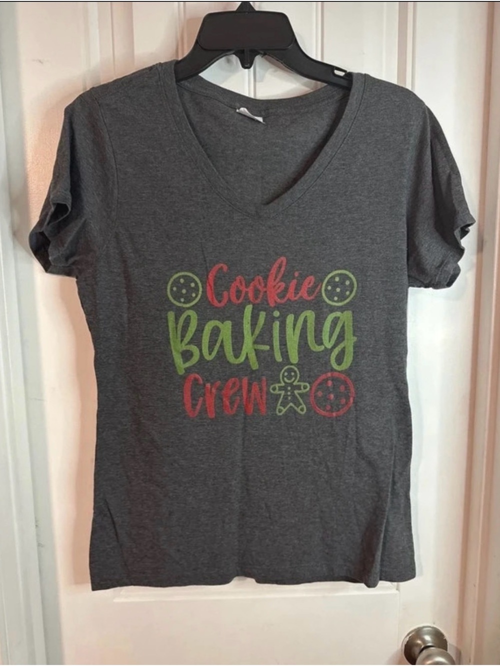 Port and Company Dark Gray V-Neck Tee with Green & Red Cookie Baking Graphic